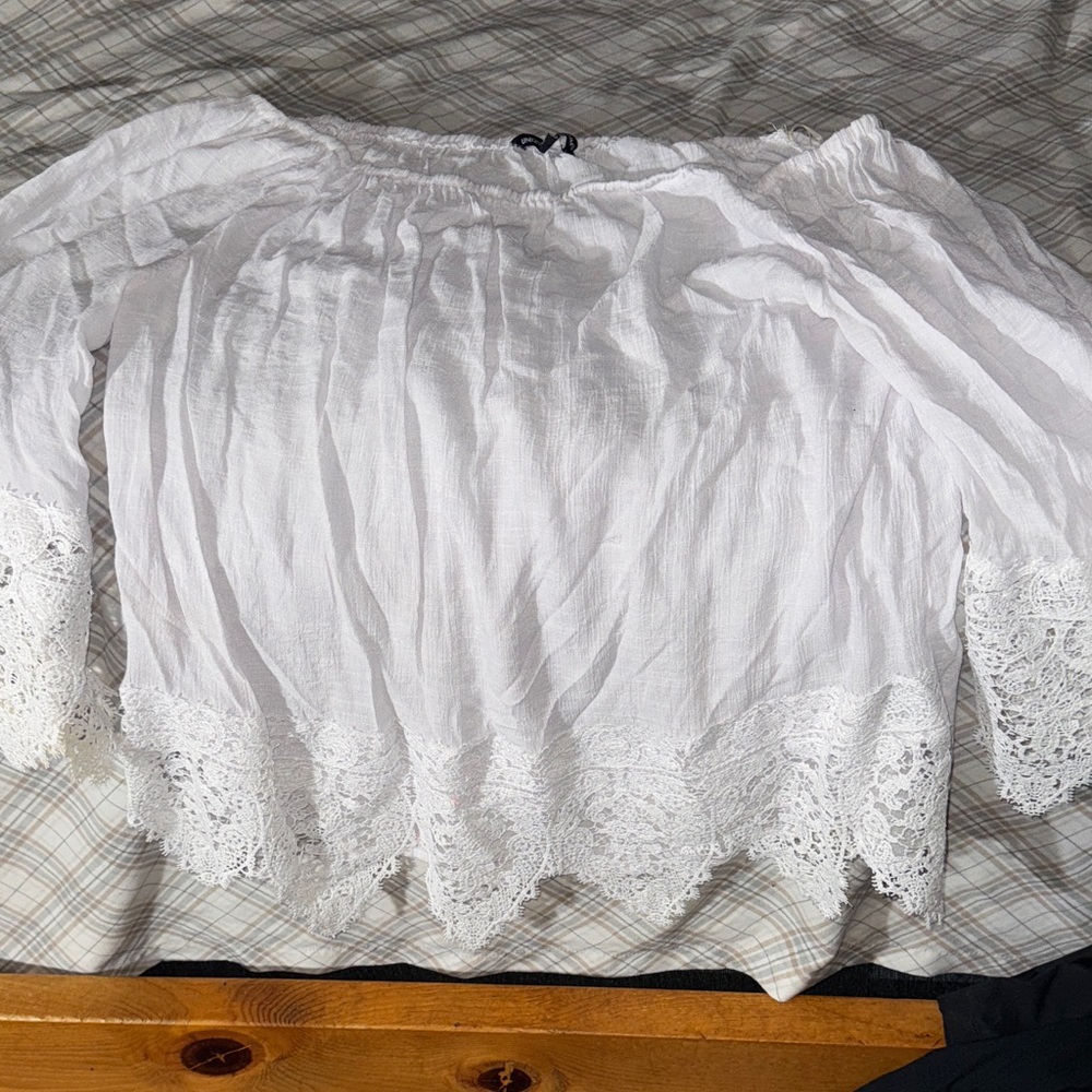 Unique Spectrum White Off-Shoulder Lace Hem Blouse